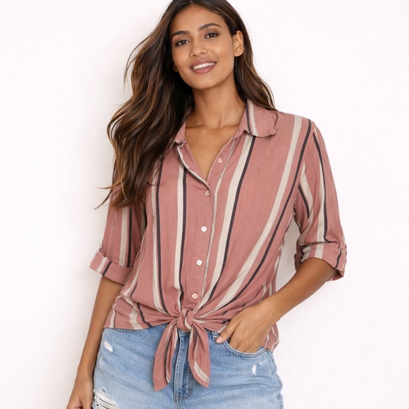 Eden & Olivia Tops - Mauve Striped Eden & Olivia Tie-Front Blouse